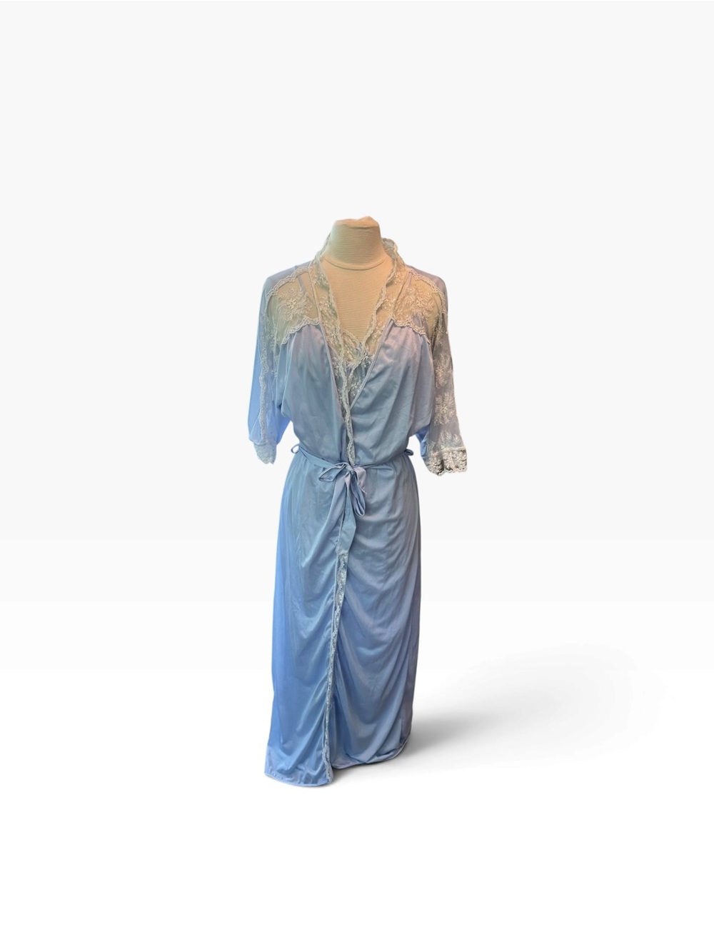 Vintage Nightgown Robe Peignoir Set Blue Nylon Sheer Maxi Long Lace Sz Small